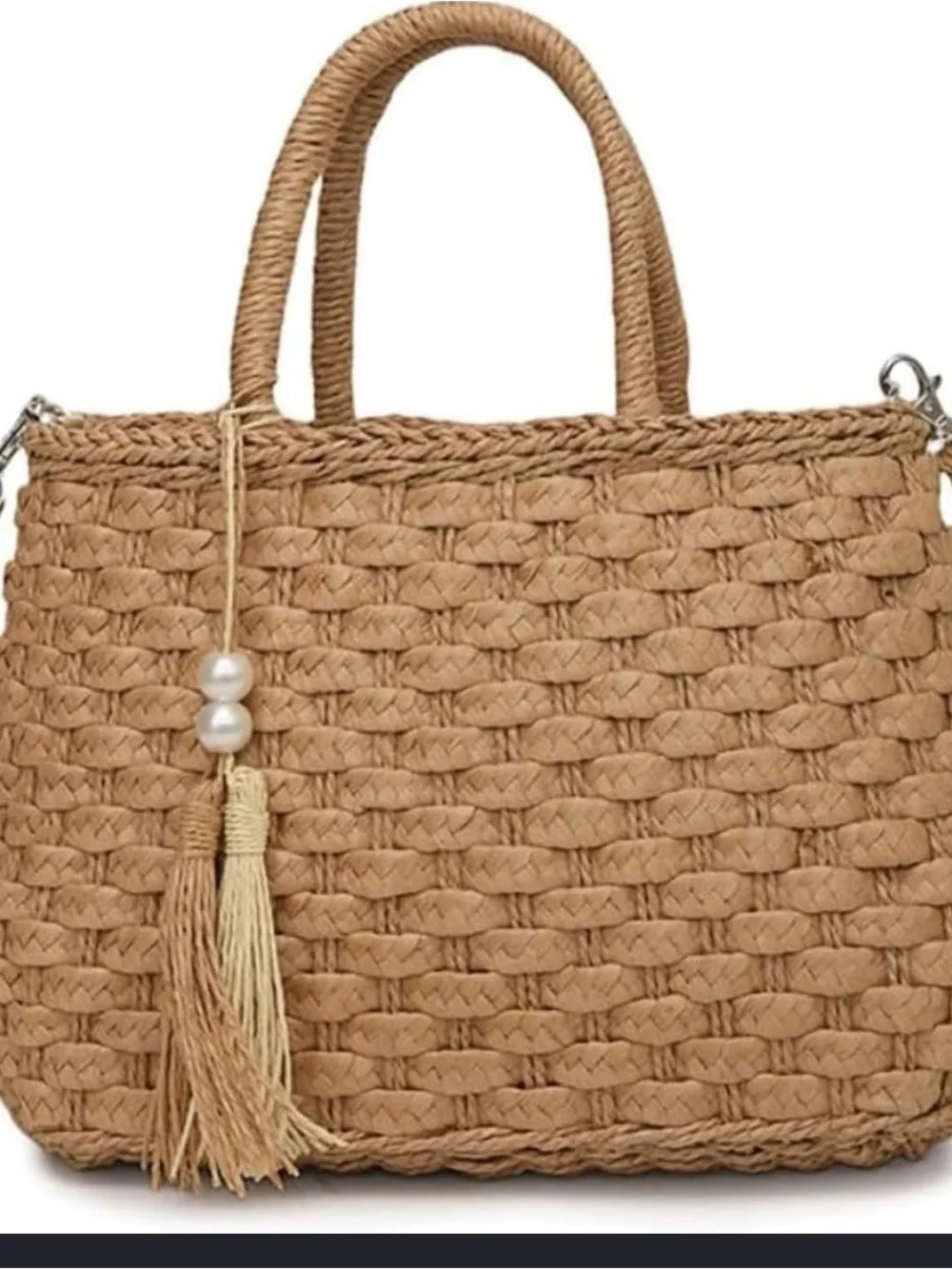 Handwoven Straw Tote Bag with Tassel - Natural Beige GBZ modern Bohemian
